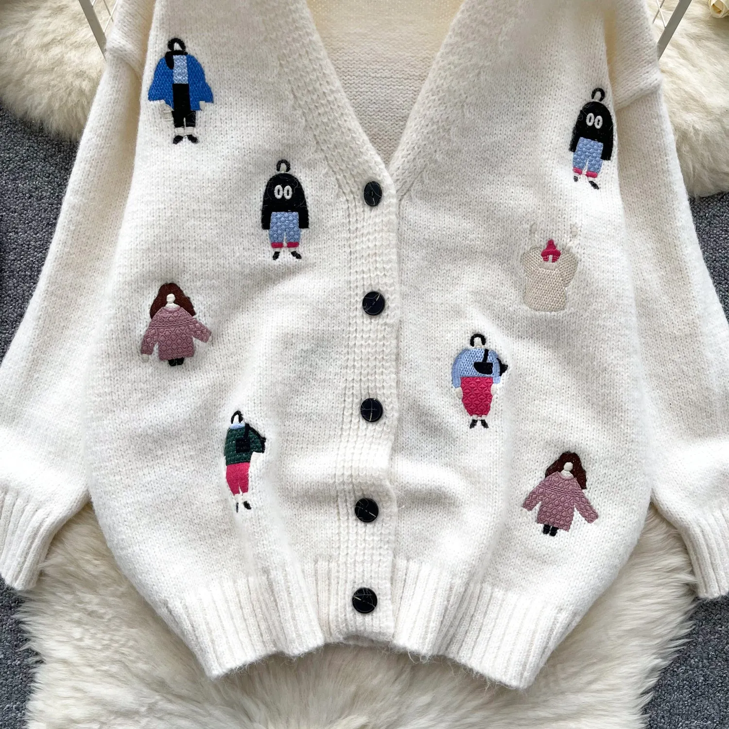 V-neck Thermal Embroidered Soft Cardigan