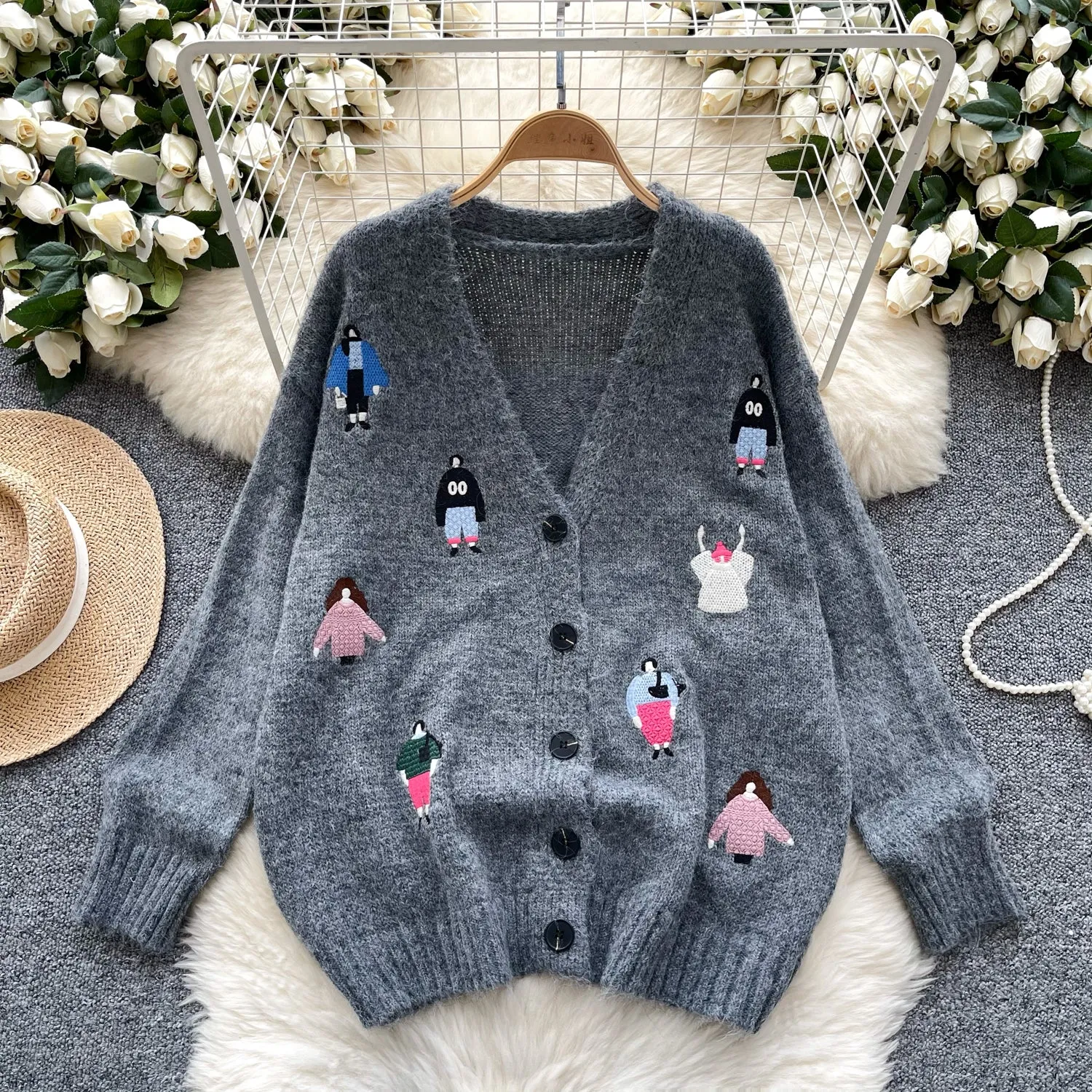 V-neck Thermal Embroidered Soft Cardigan