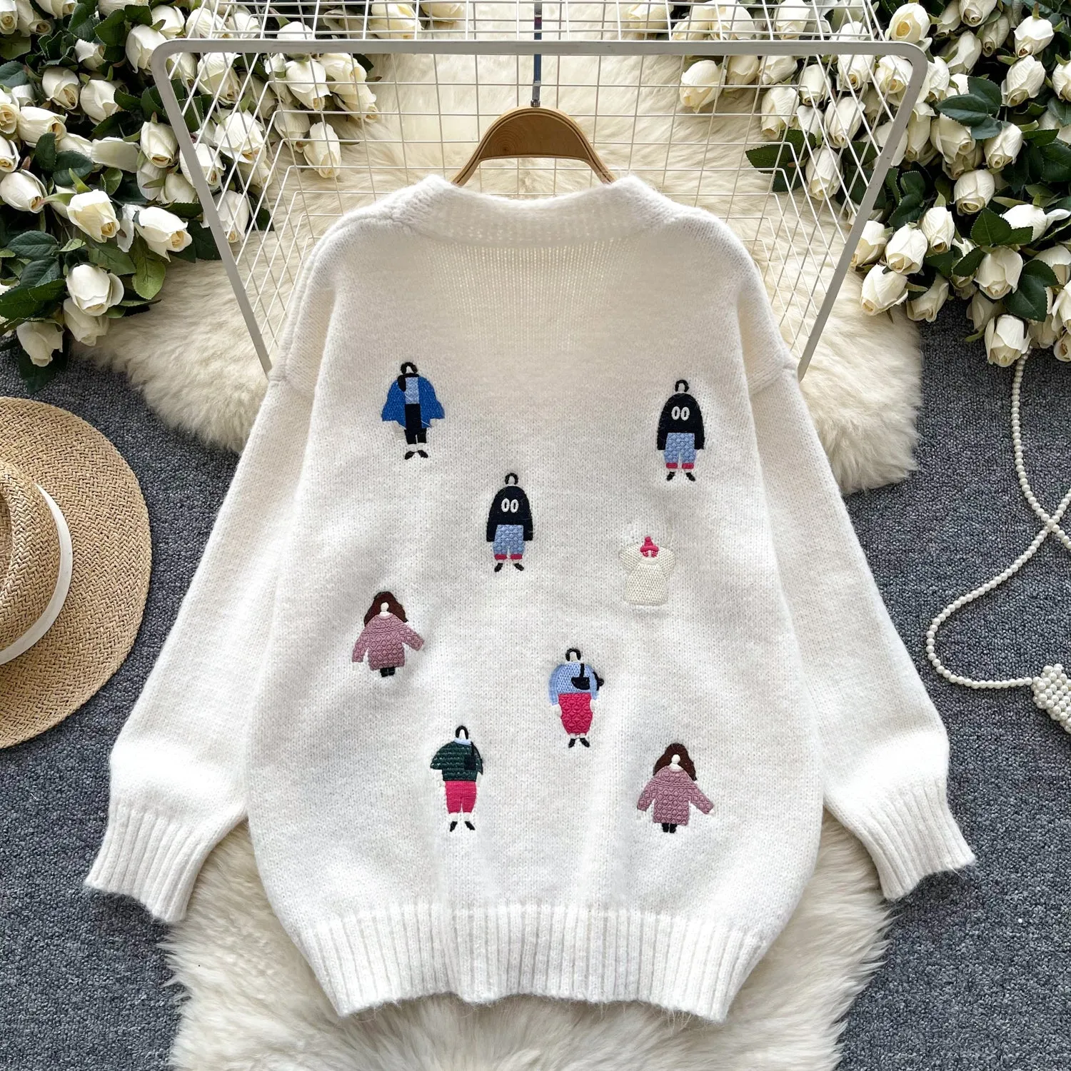 V-neck Thermal Embroidered Soft Cardigan