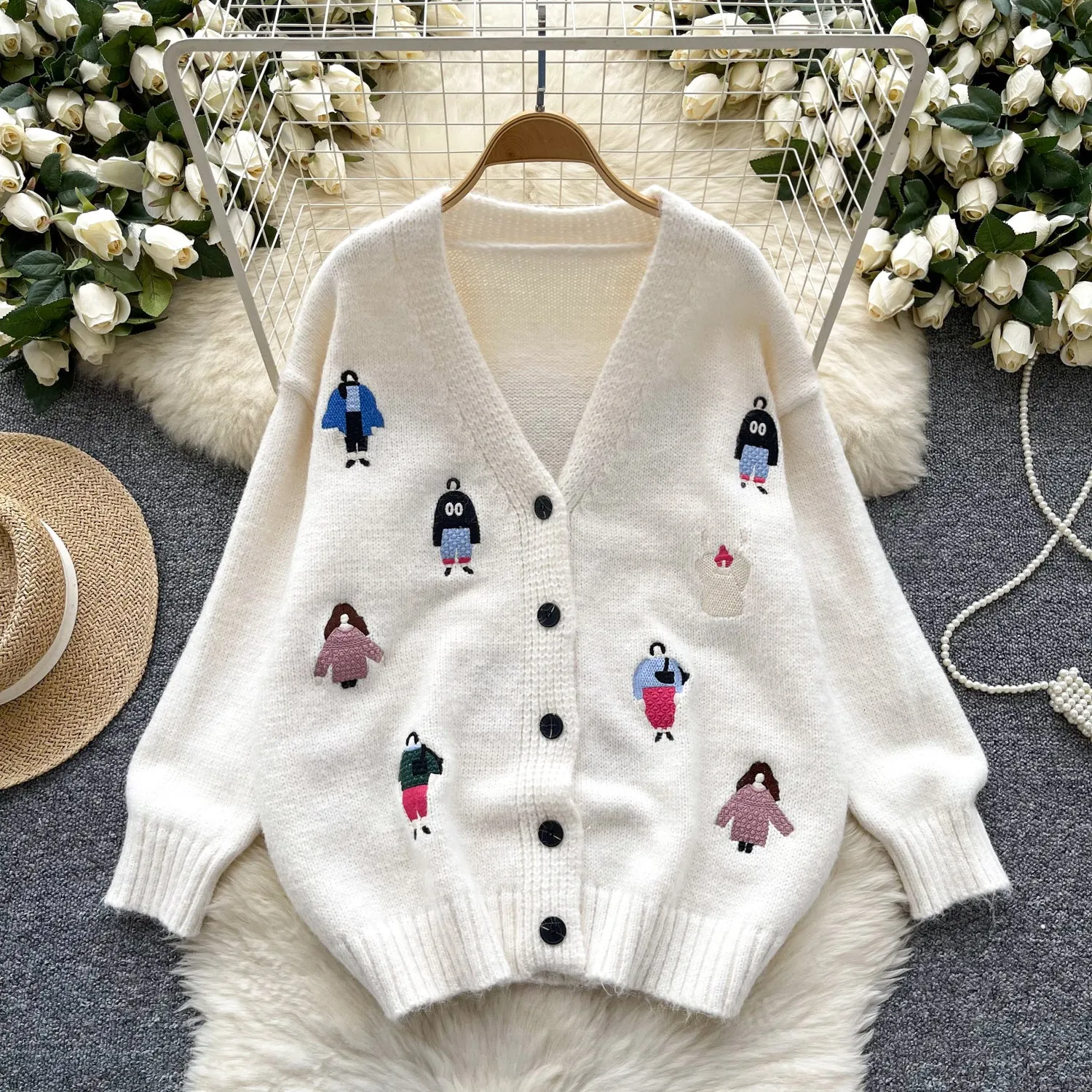 V-neck Thermal Embroidered Soft Cardigan