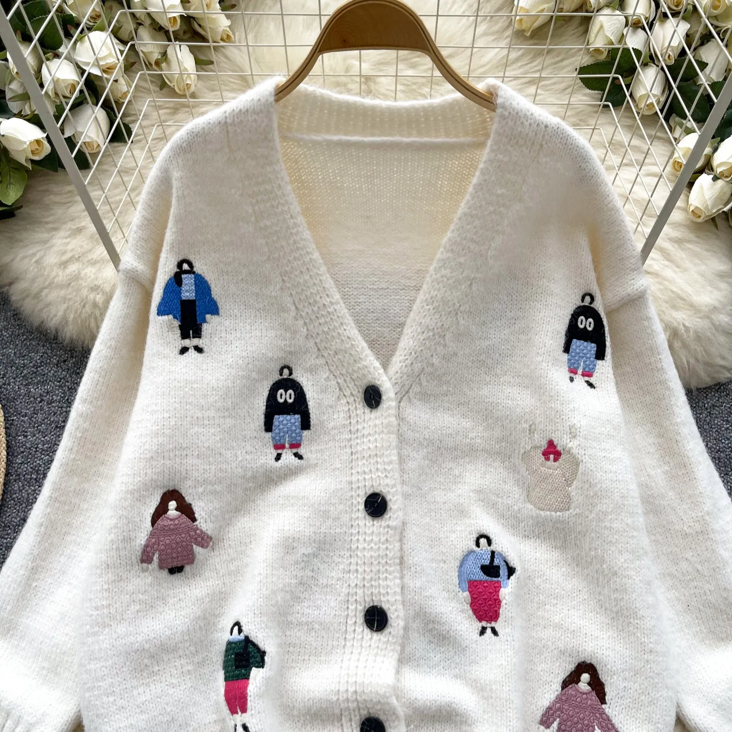 V-neck Thermal Embroidered Soft Cardigan