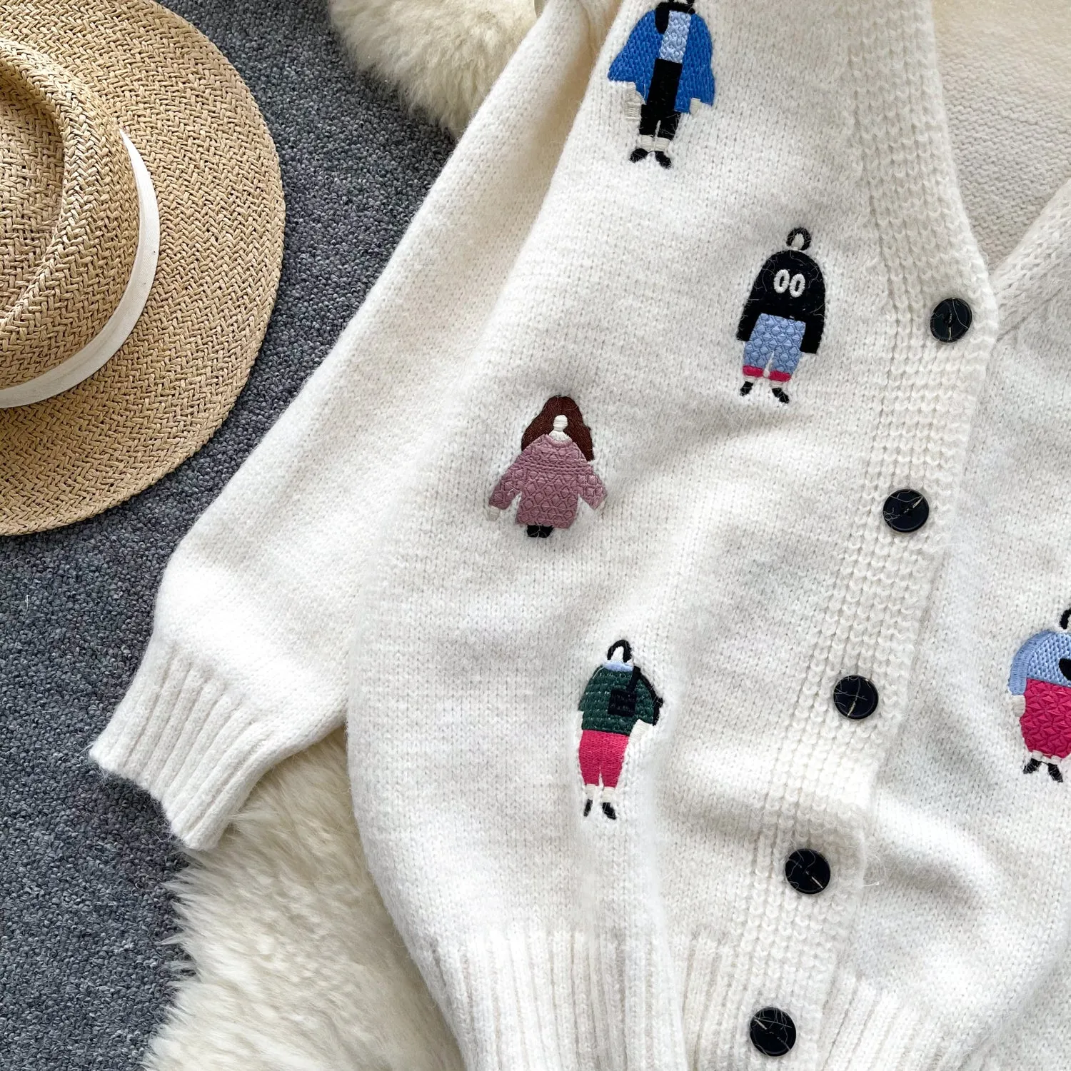 V-neck Thermal Embroidered Soft Cardigan