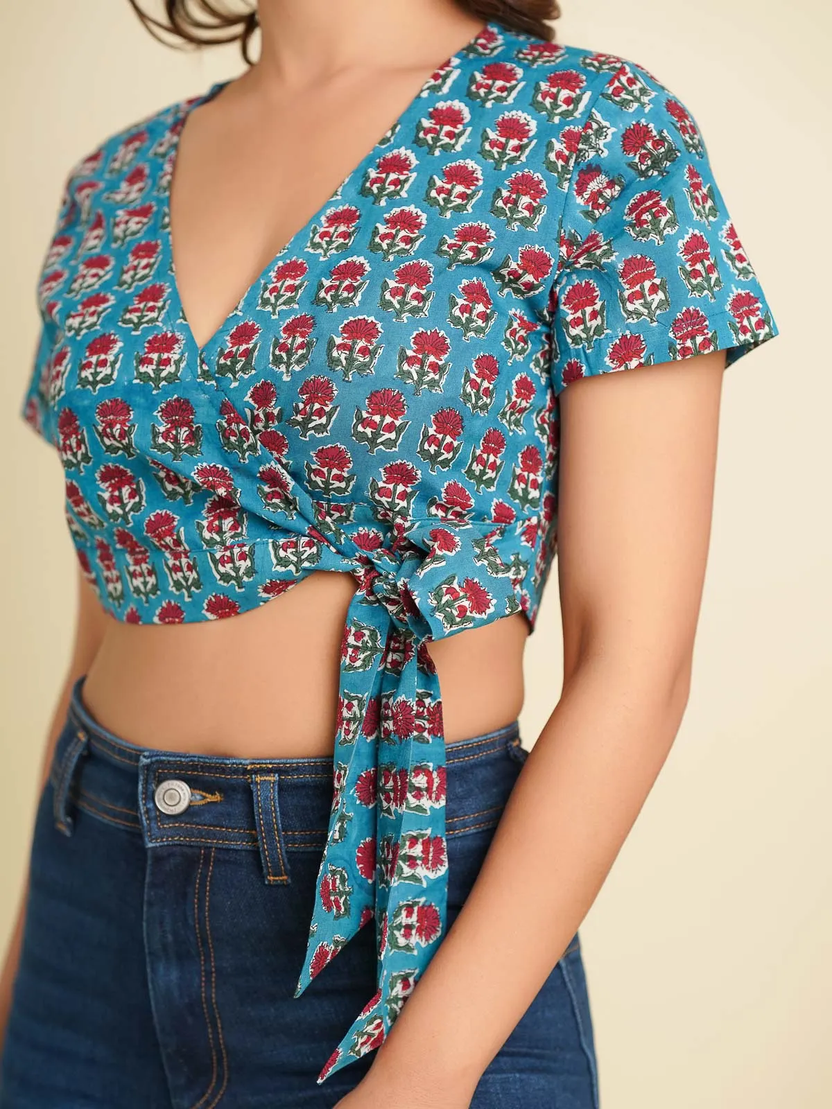 V-Neck Wrap Crop Top Turquoise