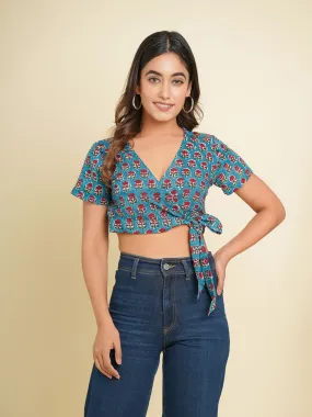 V-Neck Wrap Crop Top Turquoise
