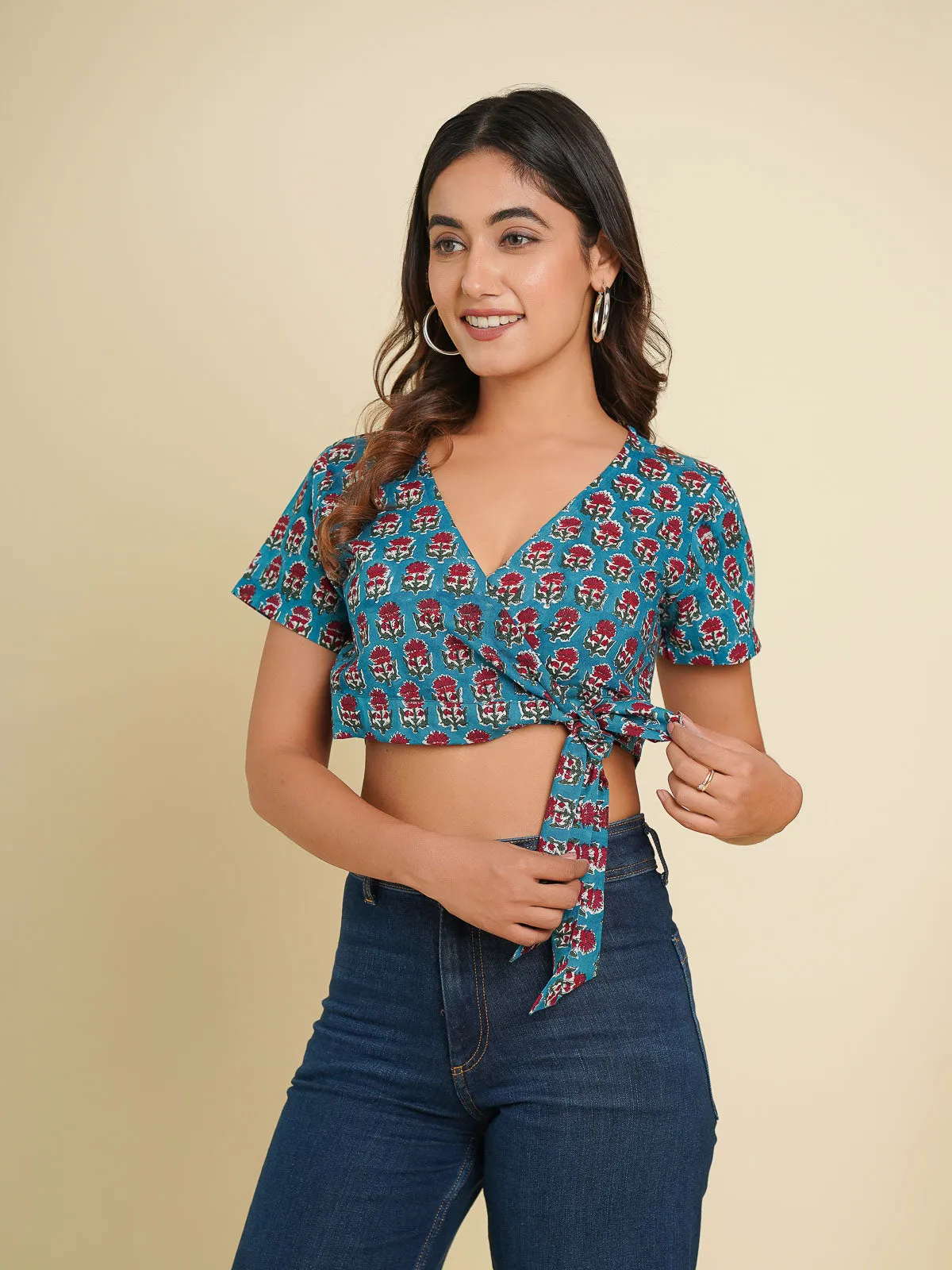 V-Neck Wrap Crop Top Turquoise