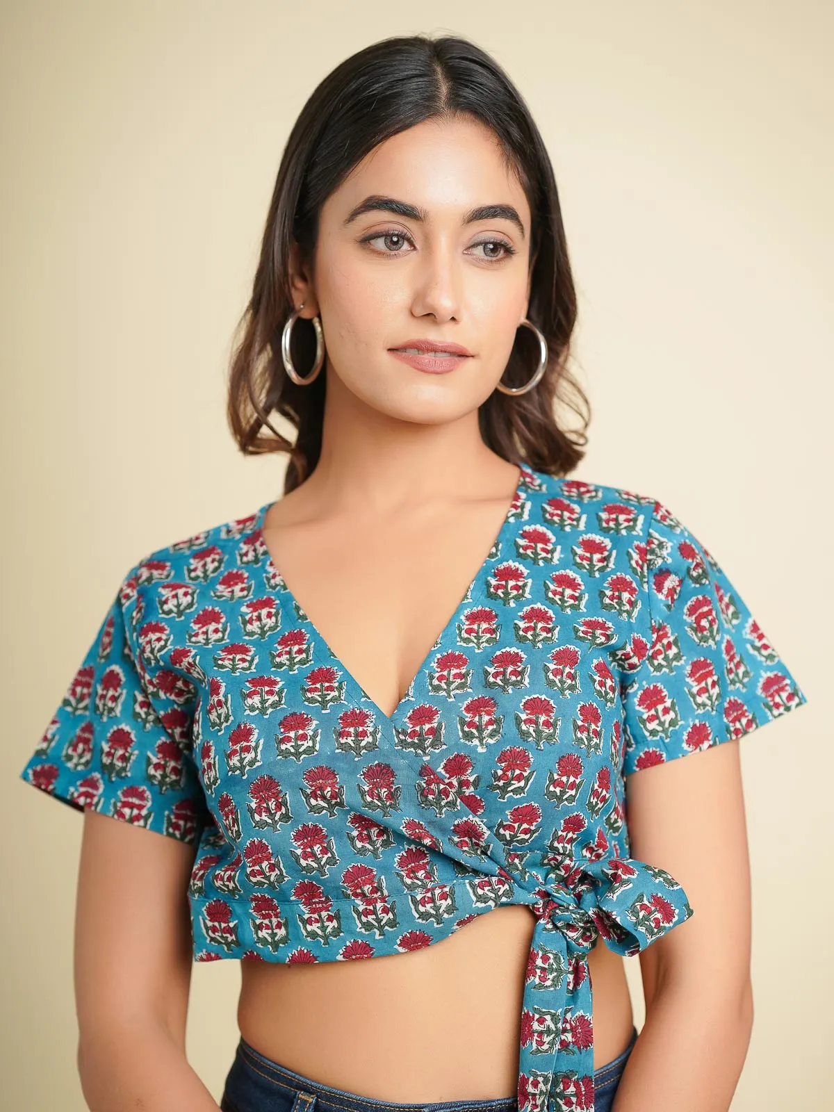 V-Neck Wrap Crop Top Turquoise