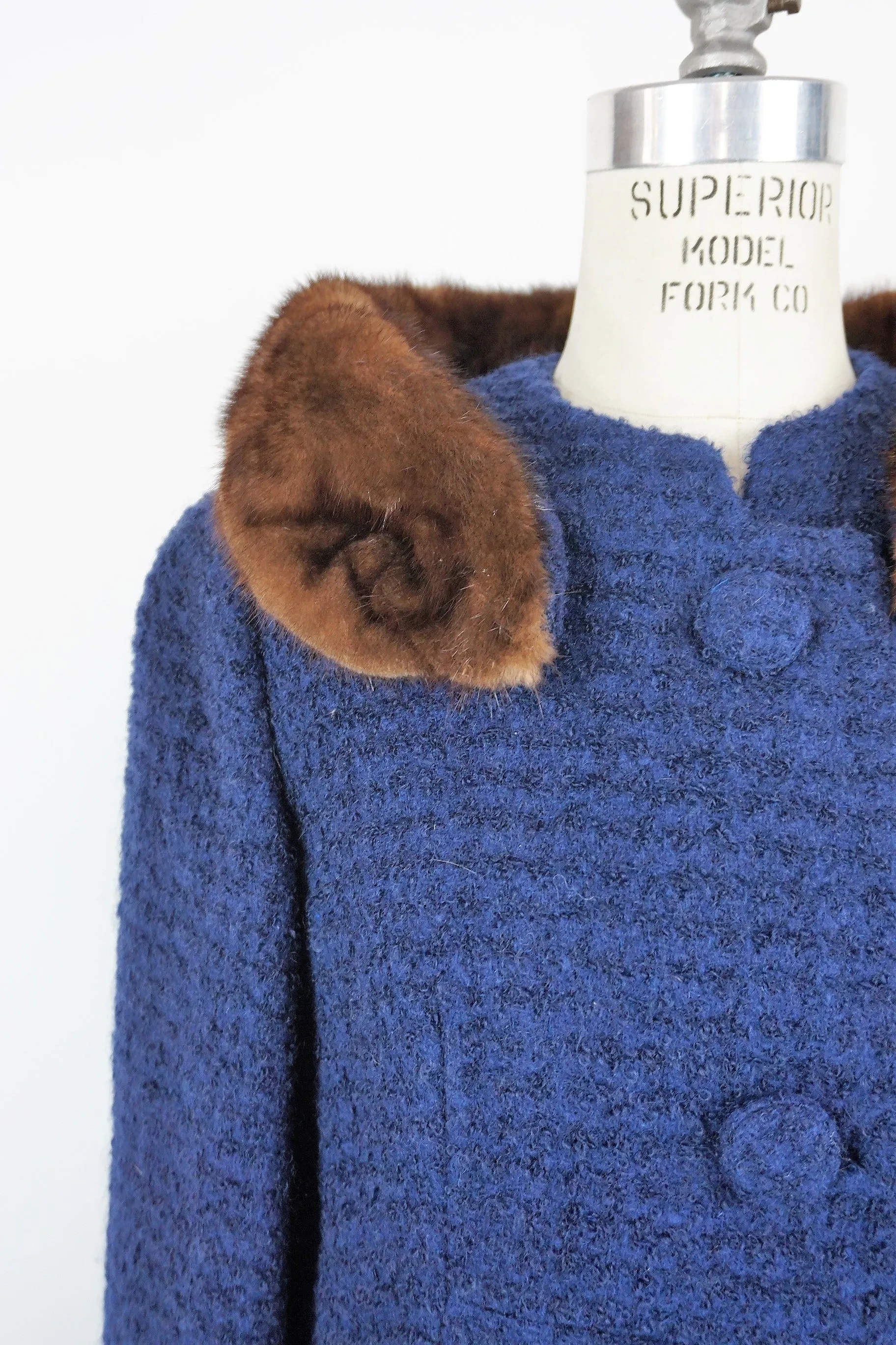 Vintage 1960s Navy Blue Wool Coat With Fur Collar