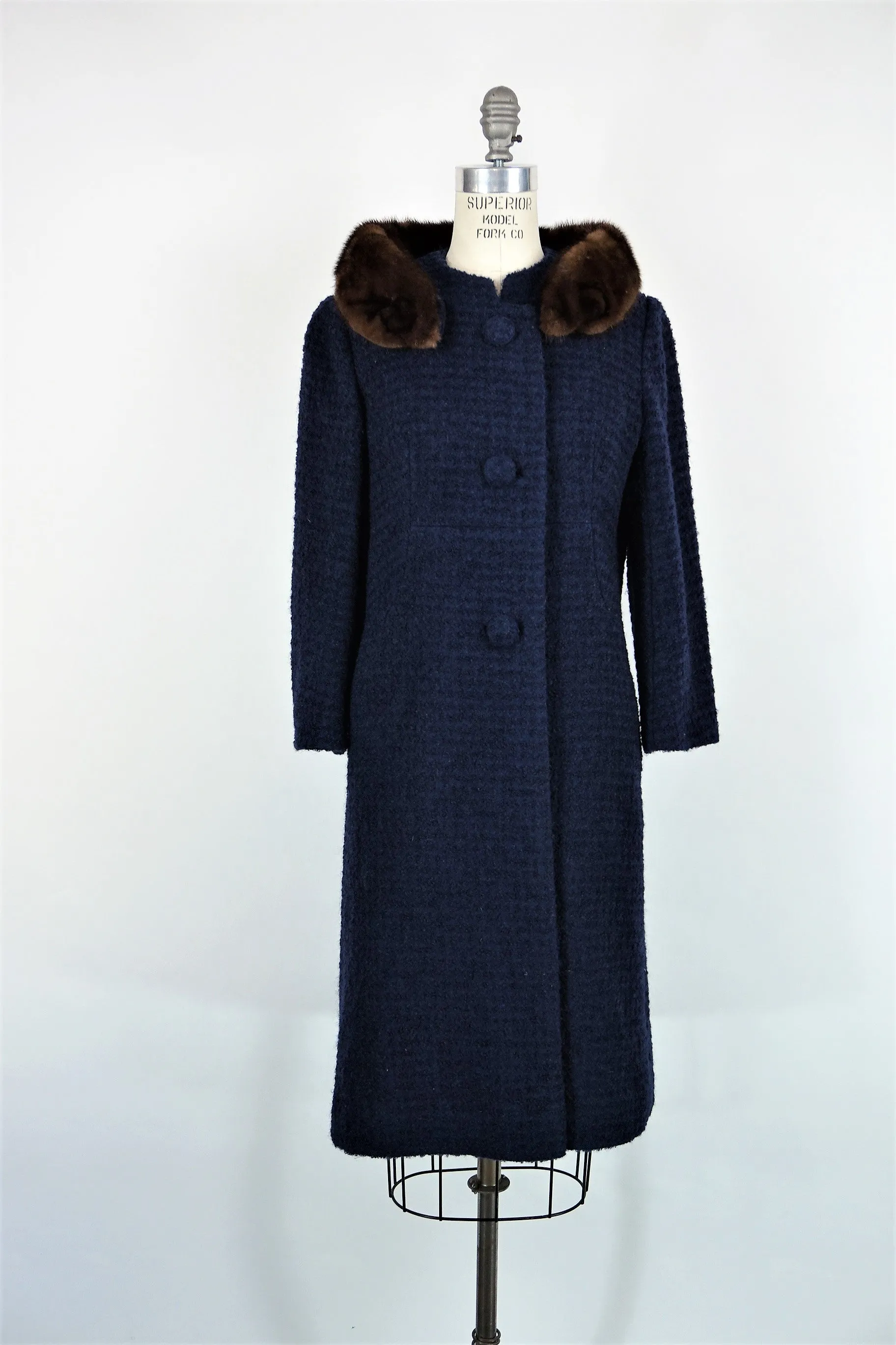 Vintage 1960s Navy Blue Wool Coat With Fur Collar
