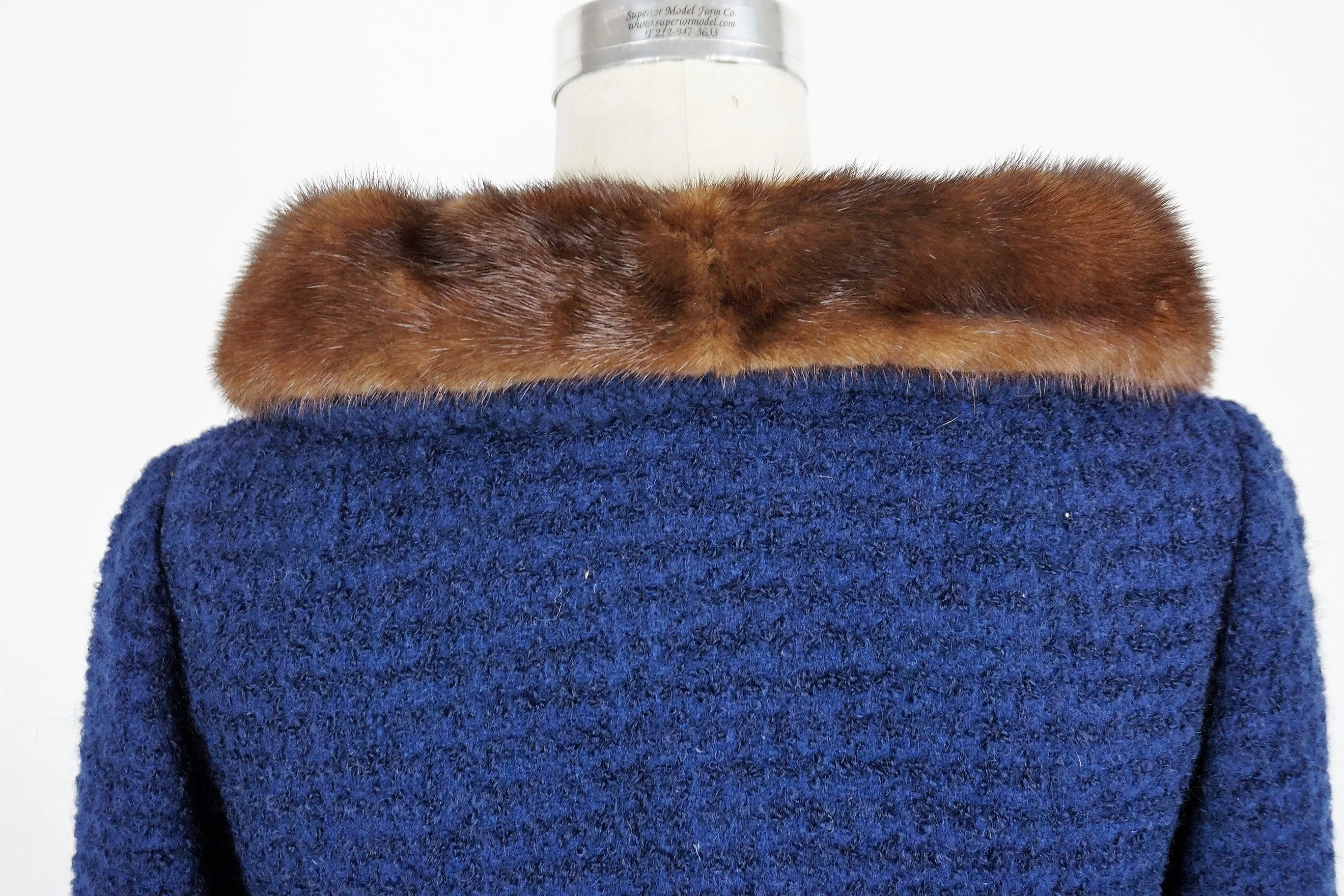 Vintage 1960s Navy Blue Wool Coat With Fur Collar
