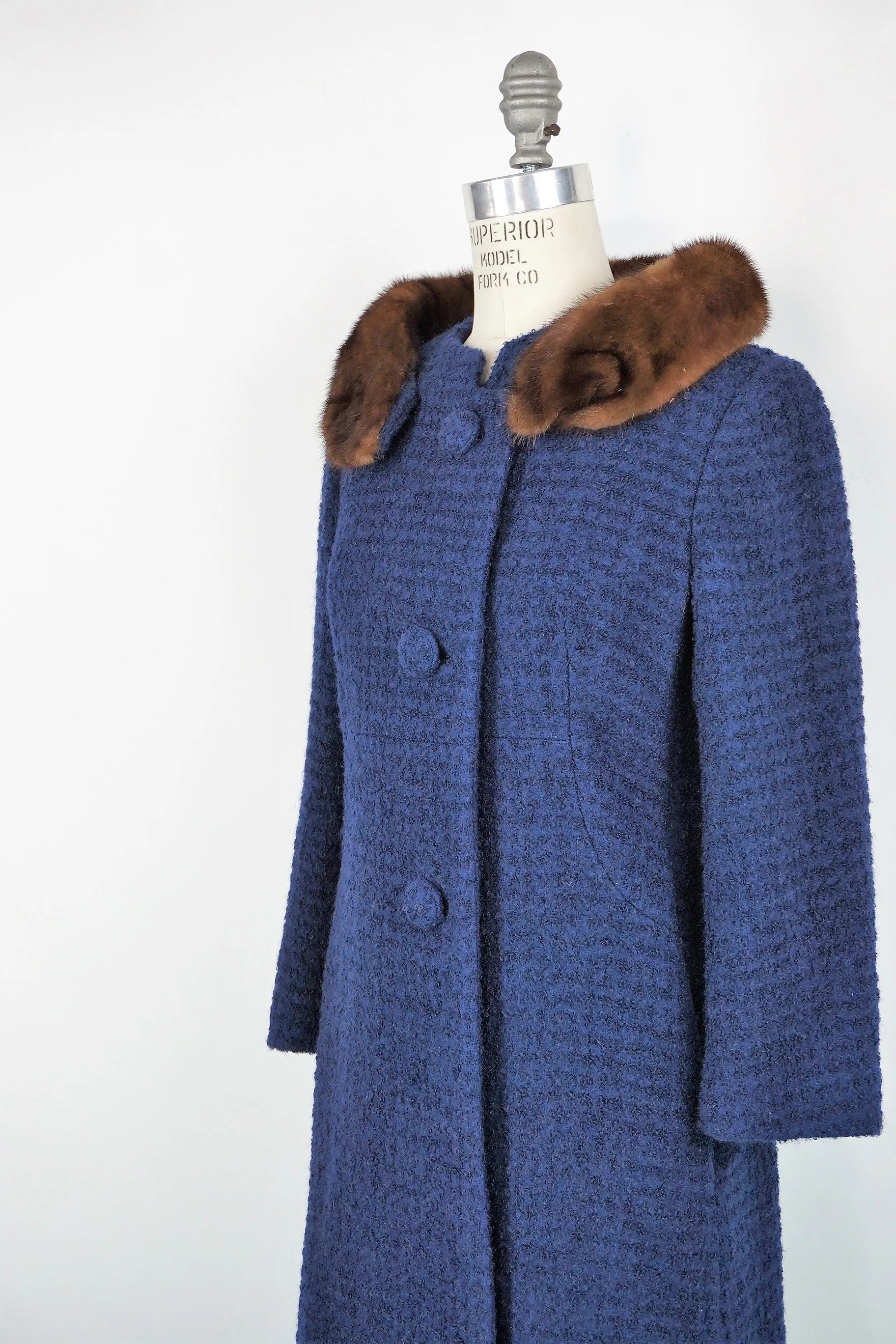 Vintage 1960s Navy Blue Wool Coat With Fur Collar