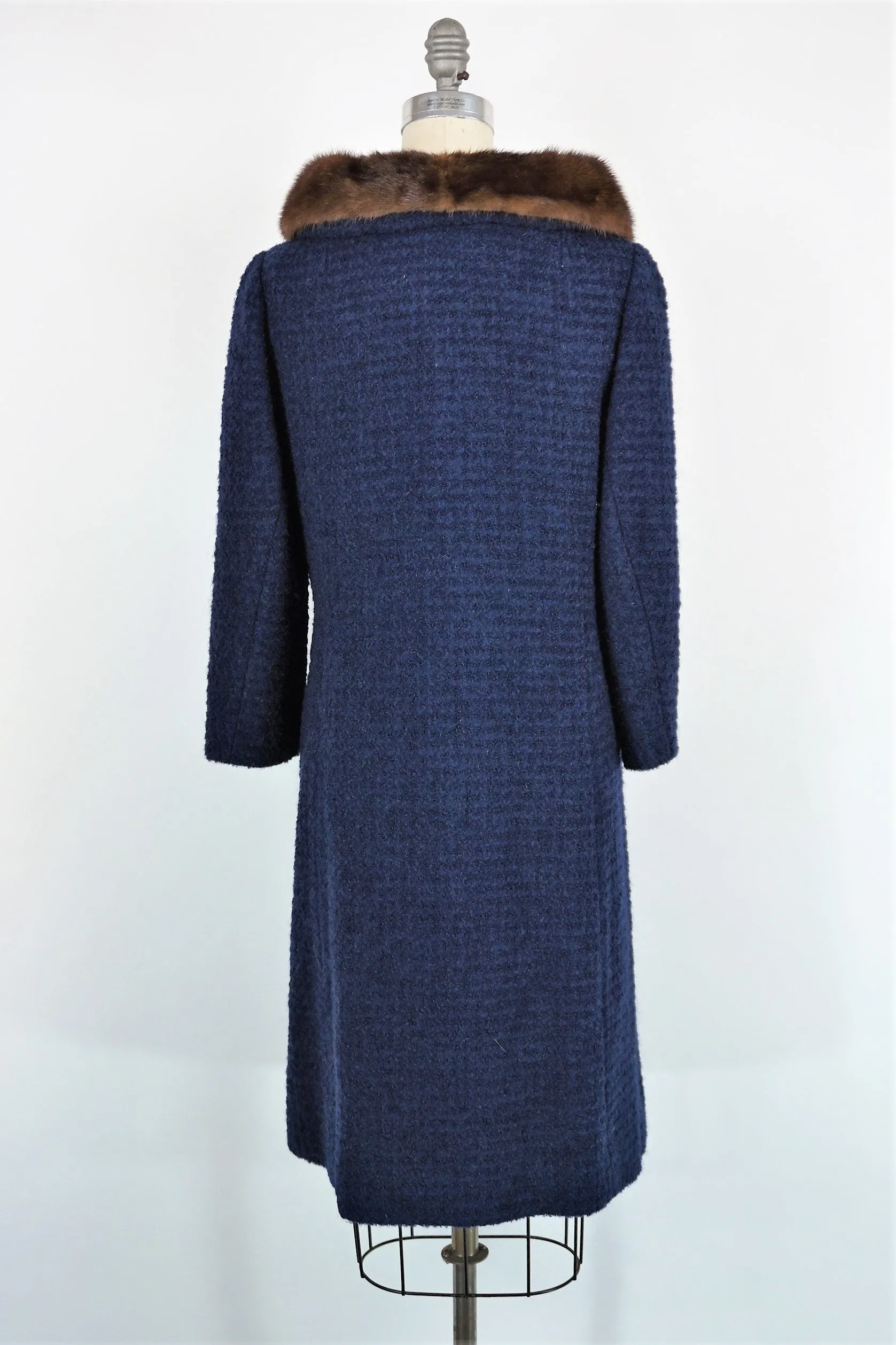 Vintage 1960s Navy Blue Wool Coat With Fur Collar