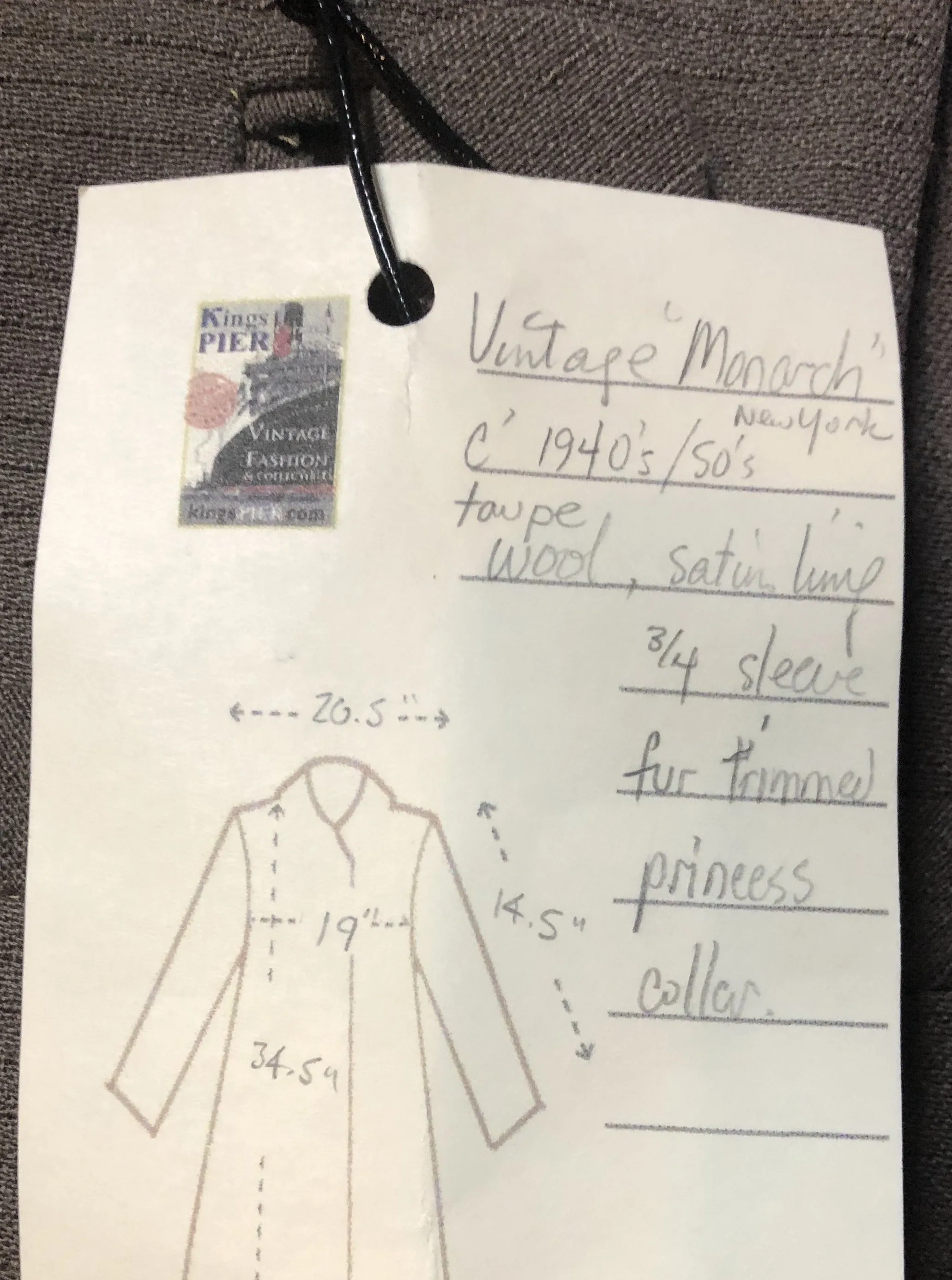 Vintage Monarch Wool Coat with ¾ Sleeve and Fur Trimmed Collar