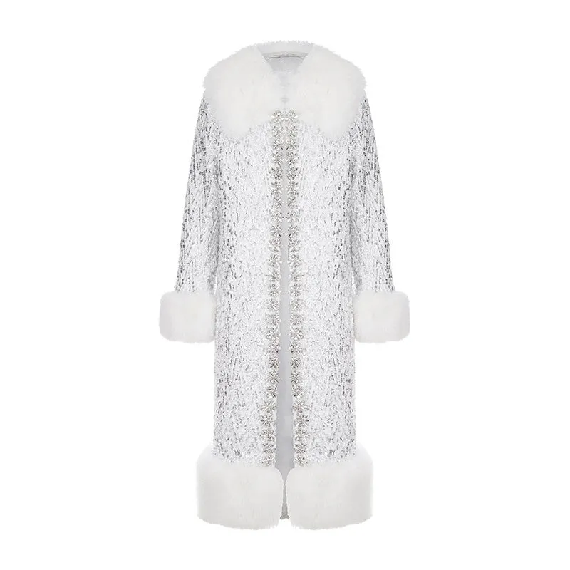 Wardrobes by Chen Elegant Diamond Silver-Gray Fur Collar Long Winter Jacket-Jam