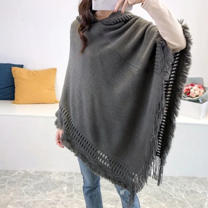 Women Hooded Knitting Poncho Shawl