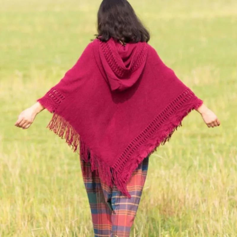 Women Hooded Knitting Poncho Shawl