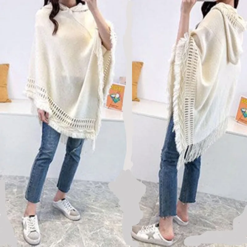Women Hooded Knitting Poncho Shawl