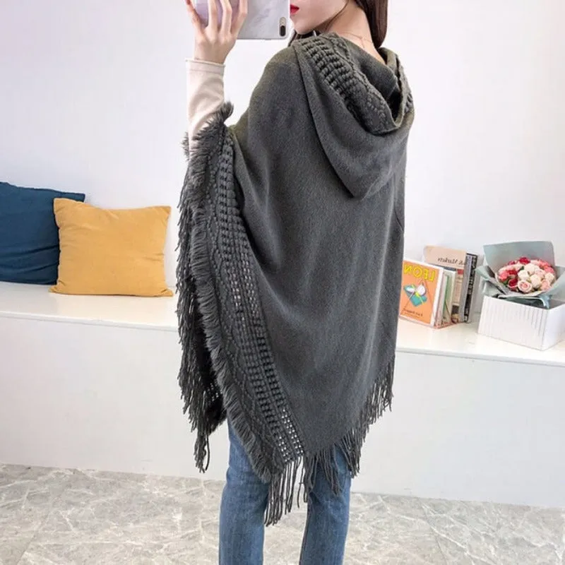Women Hooded Knitting Poncho Shawl