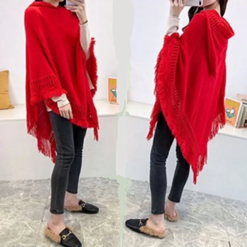Women Hooded Knitting Poncho Shawl
