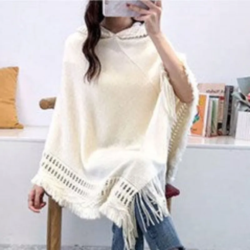 Women Hooded Knitting Poncho Shawl