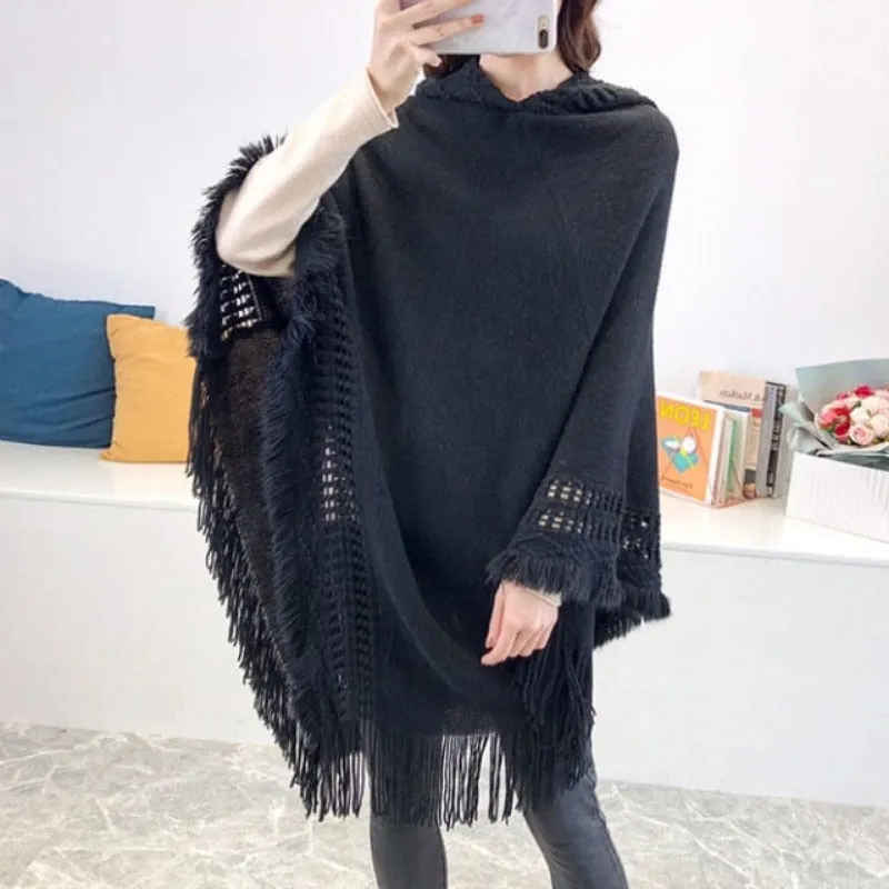 Women Hooded Knitting Poncho Shawl
