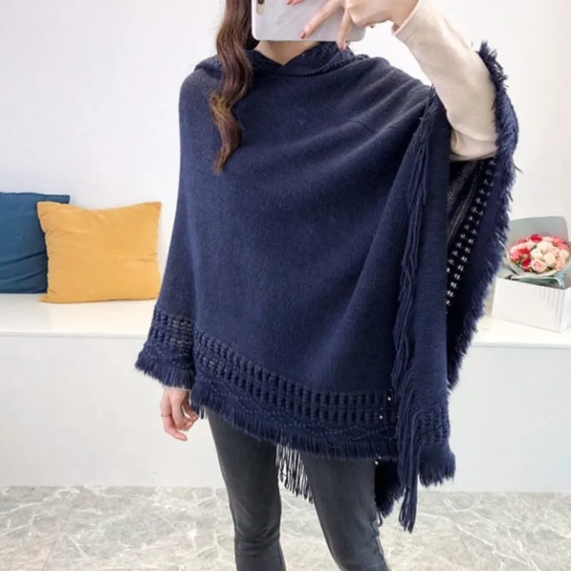 Women Hooded Knitting Poncho Shawl
