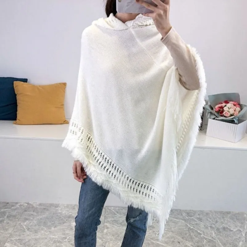 Women Hooded Knitting Poncho Shawl