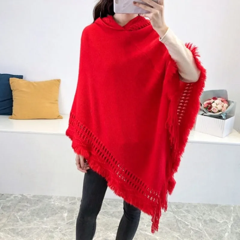 Women Hooded Knitting Poncho Shawl