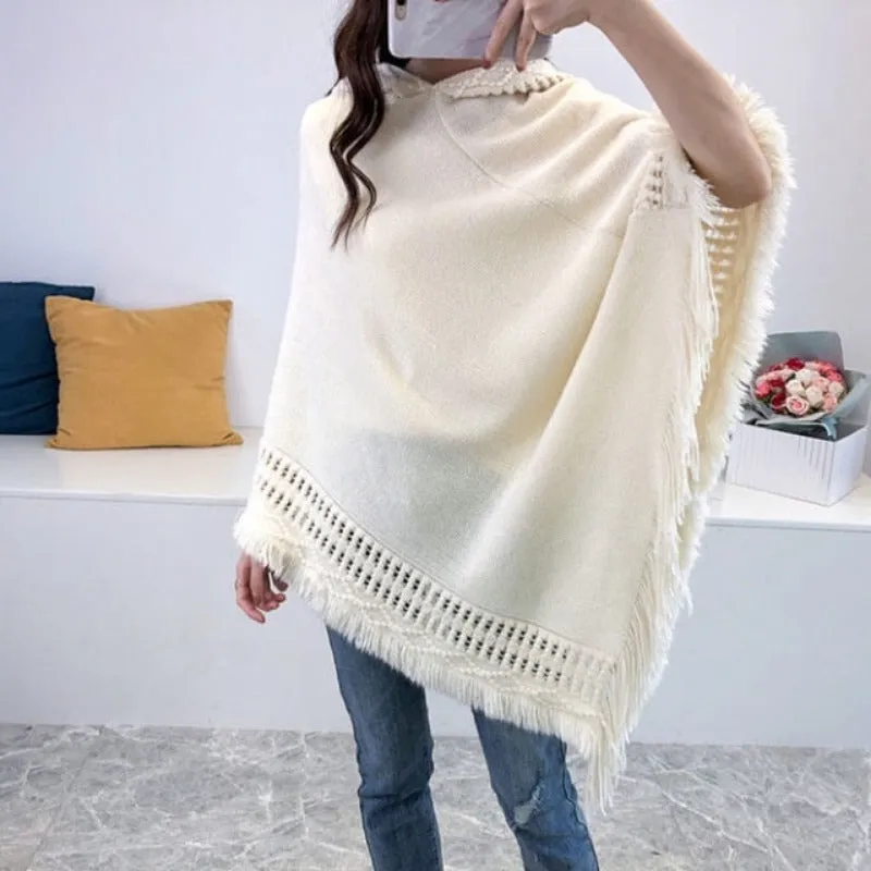 Women Hooded Knitting Poncho Shawl