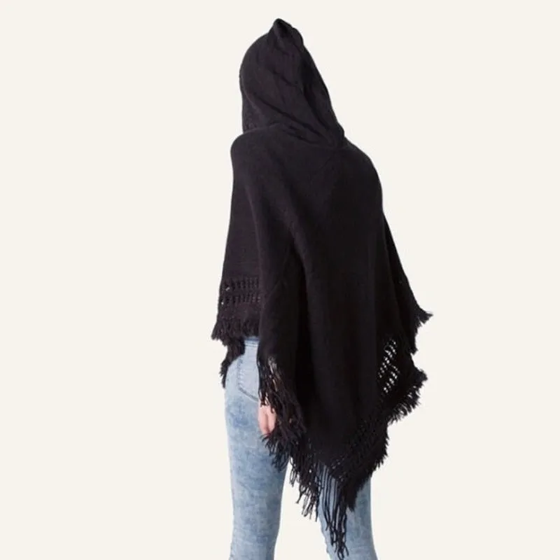 Women Hooded Knitting Poncho Shawl