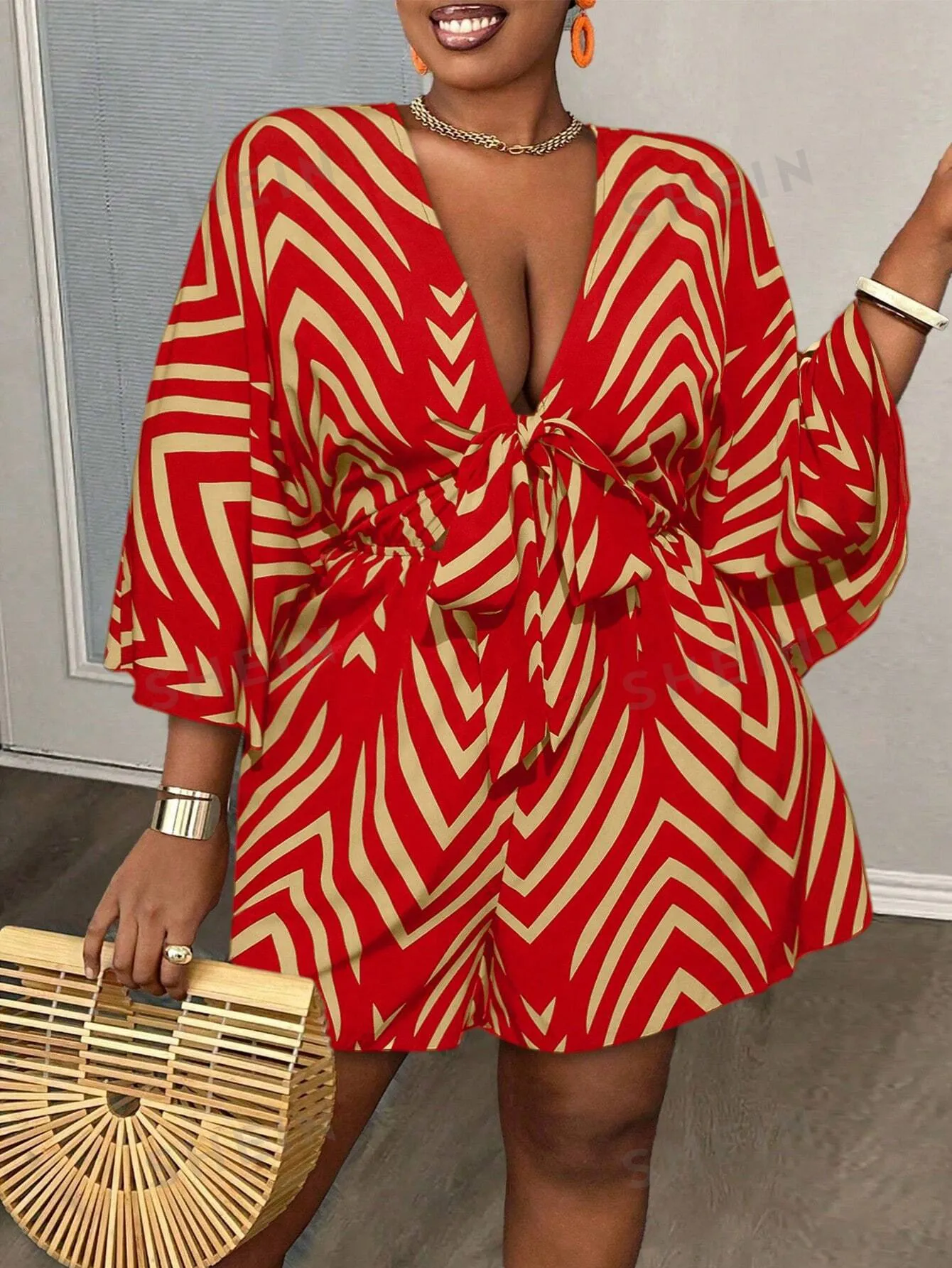 Women Plus Size Casual V-Neck Loose Printed Jumpsuit With Tie Belt
