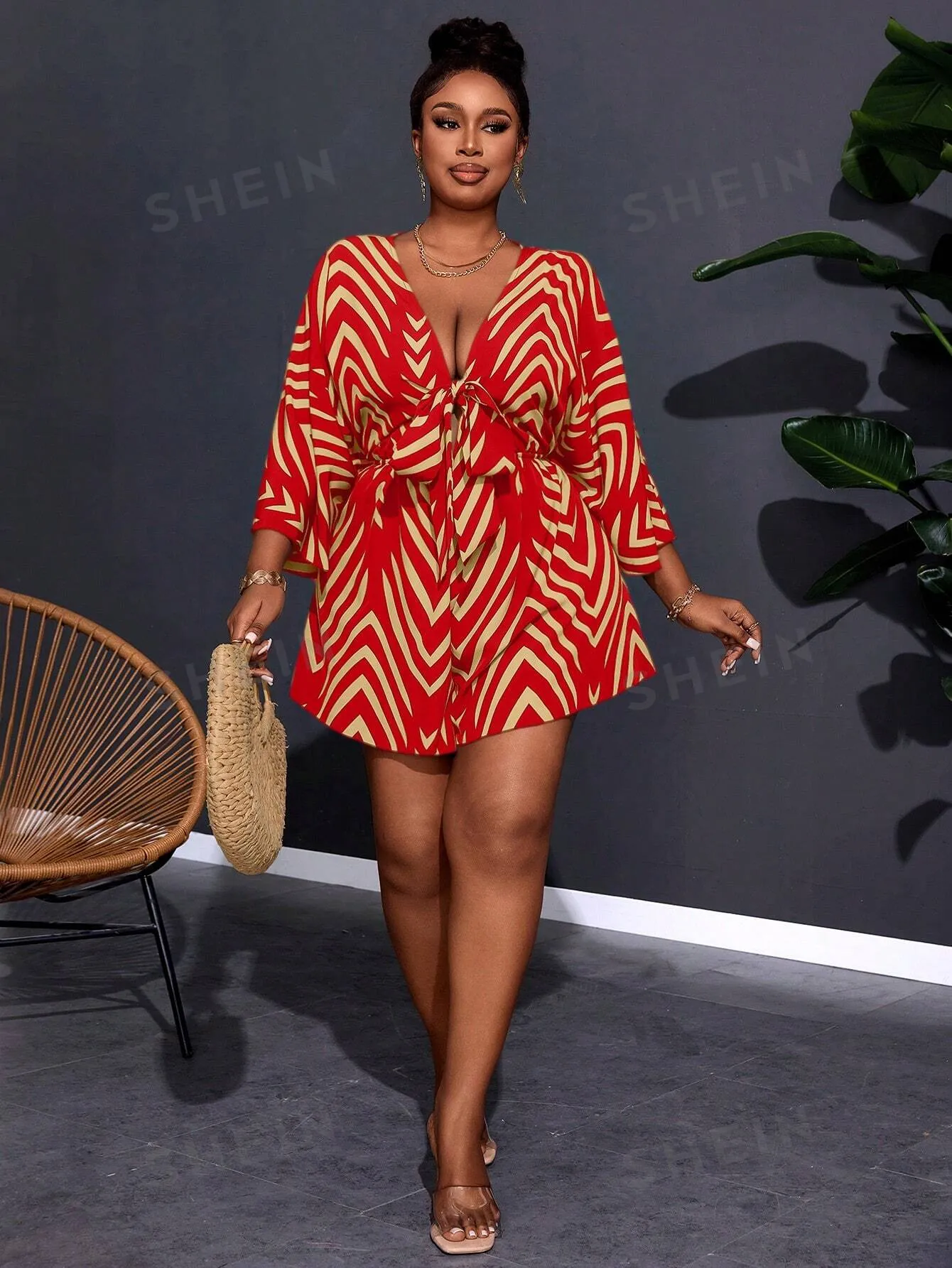 Women Plus Size Casual V-Neck Loose Printed Jumpsuit With Tie Belt