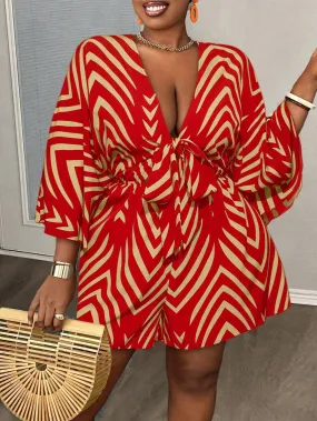 Women Plus Size Casual V-Neck Loose Printed Jumpsuit With Tie Belt