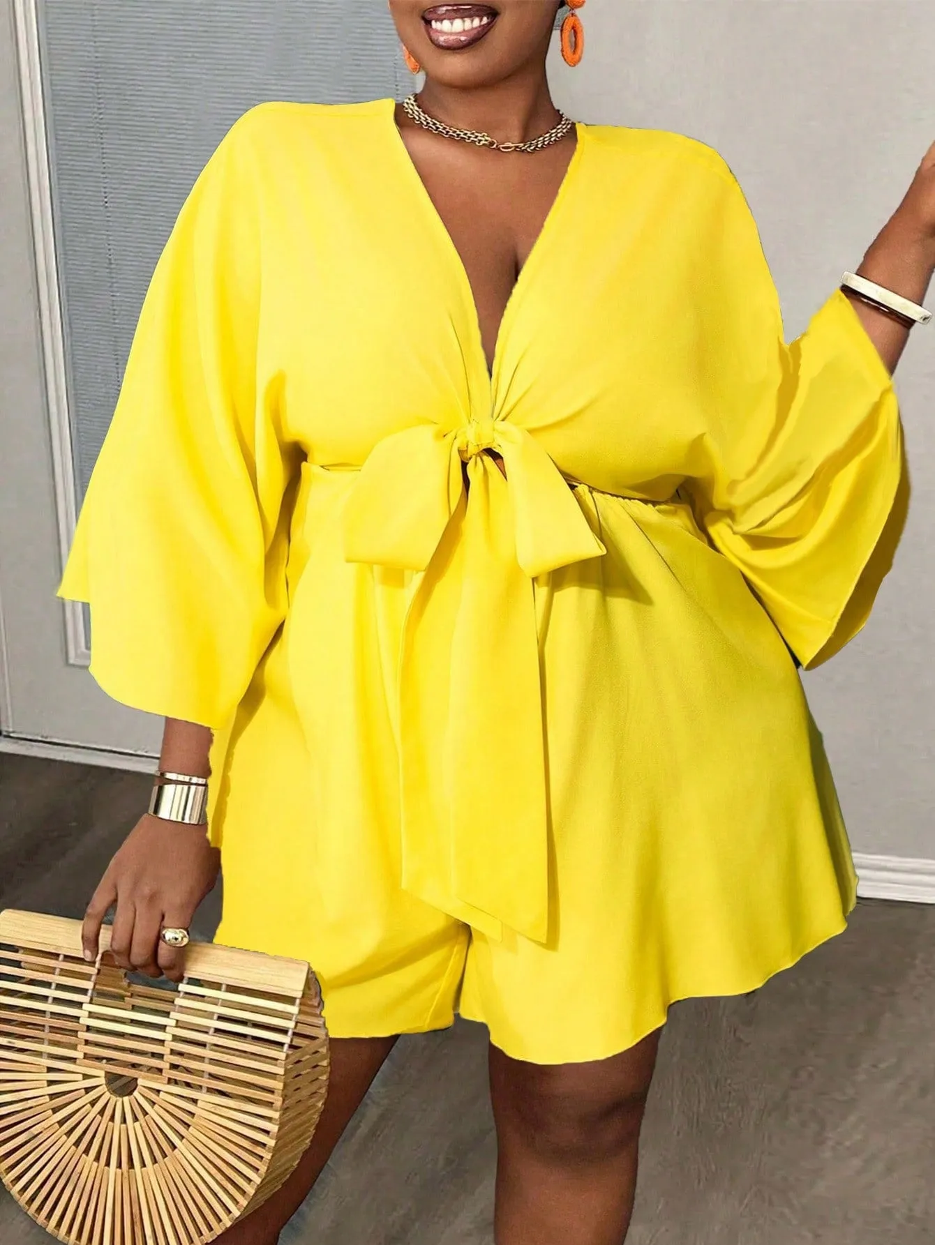 Women Plus Size Casual V-Neck Loose Printed Jumpsuit With Tie Belt