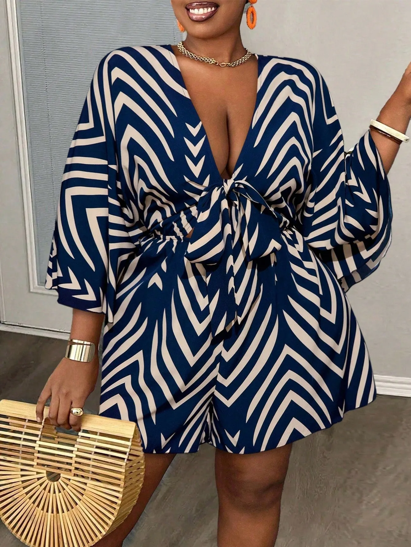 Women Plus Size Casual V-Neck Loose Printed Jumpsuit With Tie Belt