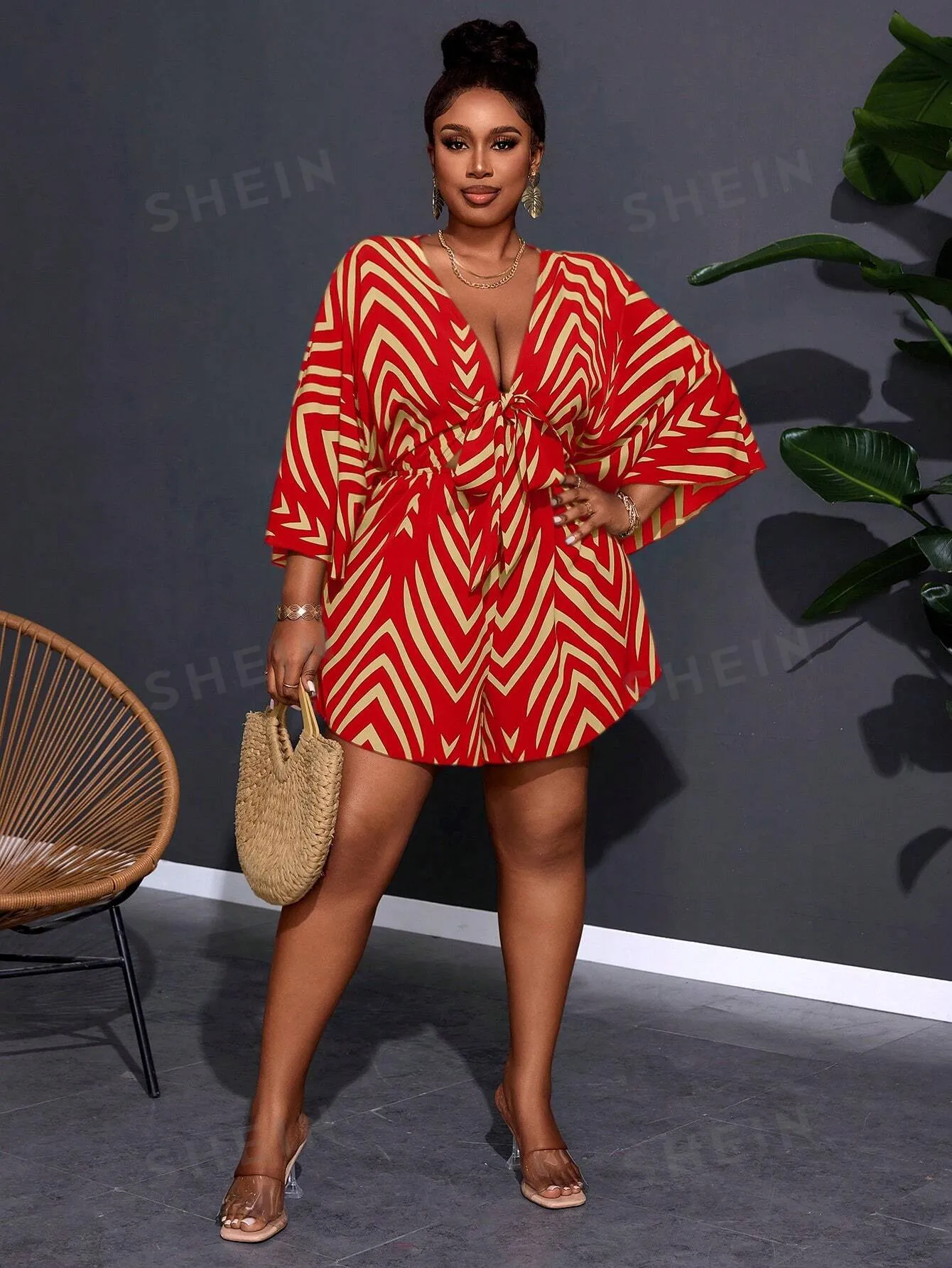 Women Plus Size Casual V-Neck Loose Printed Jumpsuit With Tie Belt