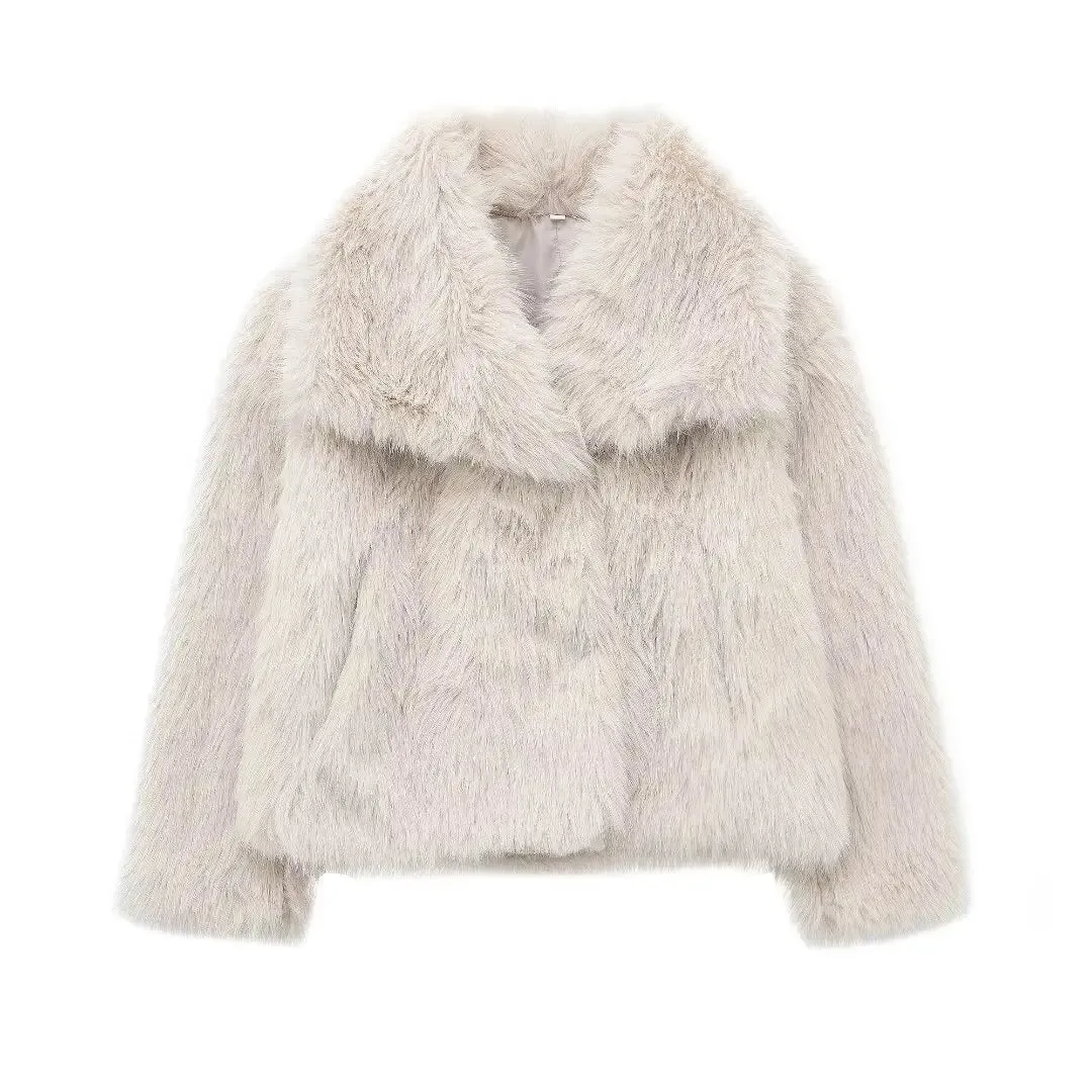 Women’s Cropped Faux Fur Jacket – Chic Lapel Collar Snap-Button Winter Coat