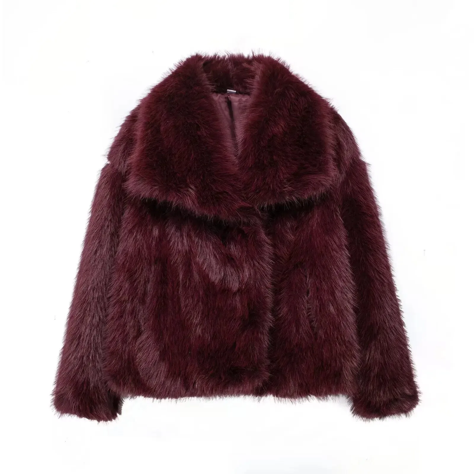 Women’s Cropped Faux Fur Jacket – Chic Lapel Collar Snap-Button Winter Coat