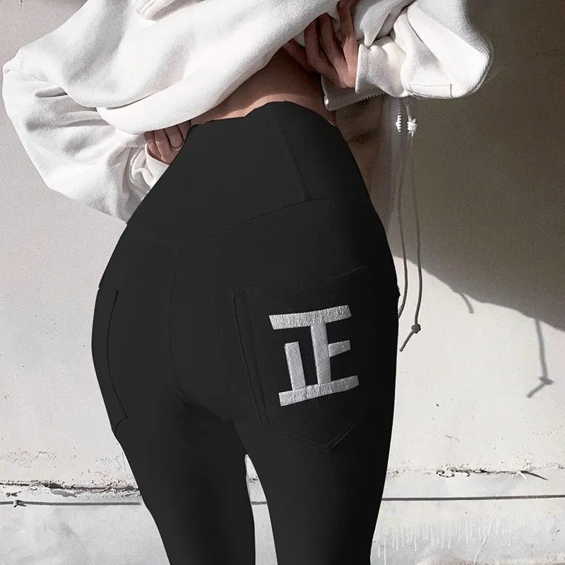 Women's Embroidered Elastic High Waist Leggings With Back Pockets