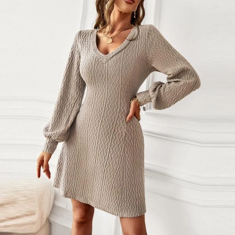 Women's V Neck Long Sleeve Knit Sweater Dresses