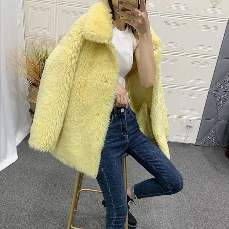 Women's Winter Casual Loose Sheepskin Thick Coat With Fox Fur
