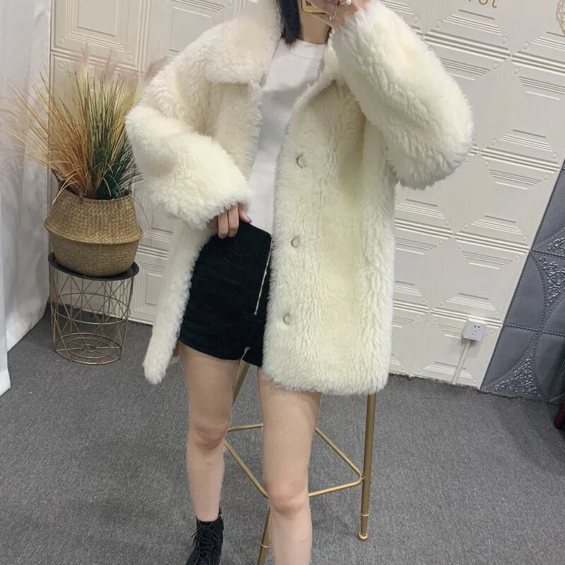 Women's Winter Casual Loose Sheepskin Thick Coat With Fox Fur