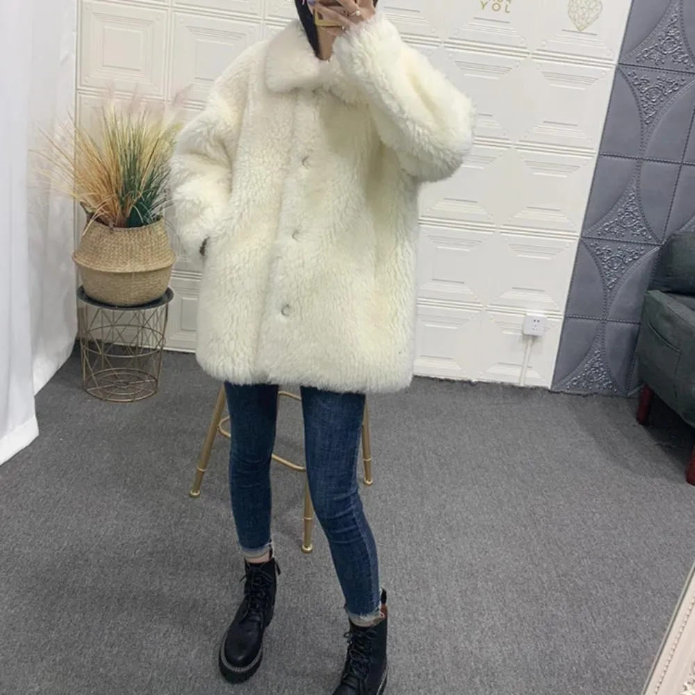 Women's Winter Casual Loose Sheepskin Thick Coat With Fox Fur