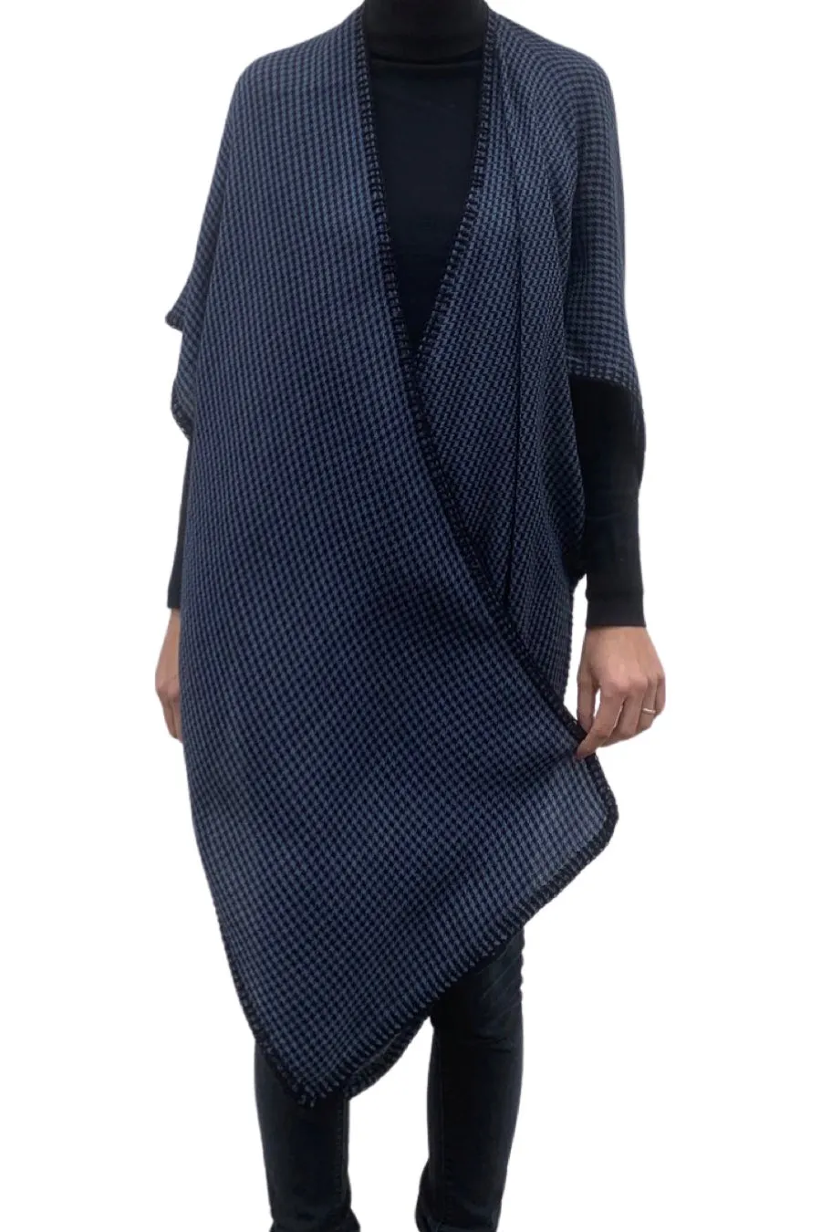 WOOL OPEN PONCHO BLUE AND BLACK