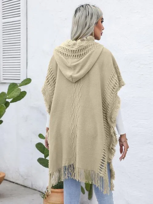 Worn-Out Look Fringe Trim Hooded Poncho