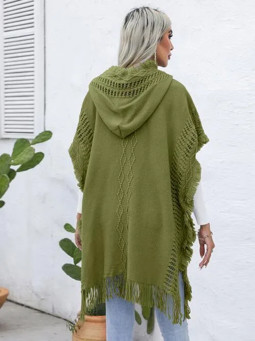 Worn-Out Look Fringe Trim Hooded Poncho
