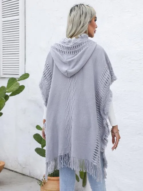 Worn-Out Look Fringe Trim Hooded Poncho