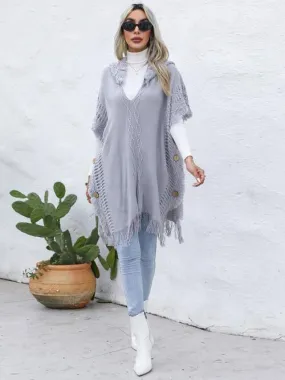 Worn-Out Look Fringe Trim Hooded Poncho