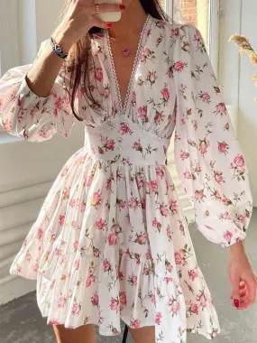 xakxx Floral Print Lantern Sleeve V Neck Lace Trim Ruched Dress Summer Mini Dress Women Holiday High Waist Frills Dresses Robe