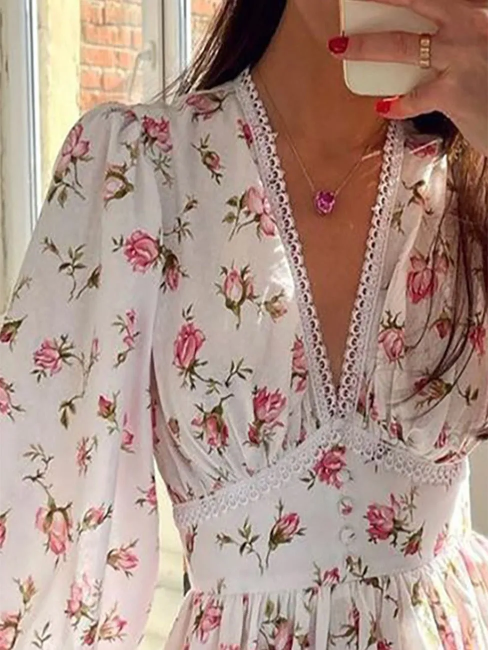 xakxx Floral Print Lantern Sleeve V Neck Lace Trim Ruched Dress Summer Mini Dress Women Holiday High Waist Frills Dresses Robe