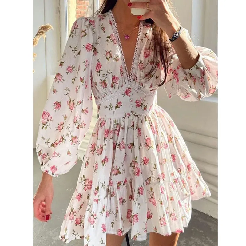 xakxx Floral Print Lantern Sleeve V Neck Lace Trim Ruched Dress Summer Mini Dress Women Holiday High Waist Frills Dresses Robe